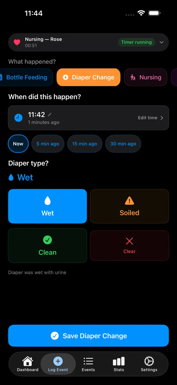 Nubu Baby diaper change log screenshot